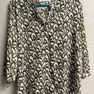 Stylish Leaf Print Blouse in Olive and White